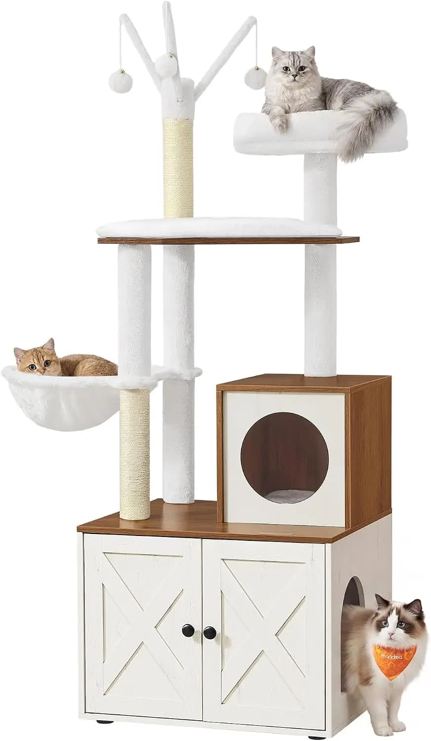 Feandrea Cat Tree with Litter Box Enclosure, 59-Inch Modern Cat Tower | 2-In-1 Condo with Scratching Posts, Washable Removable C
