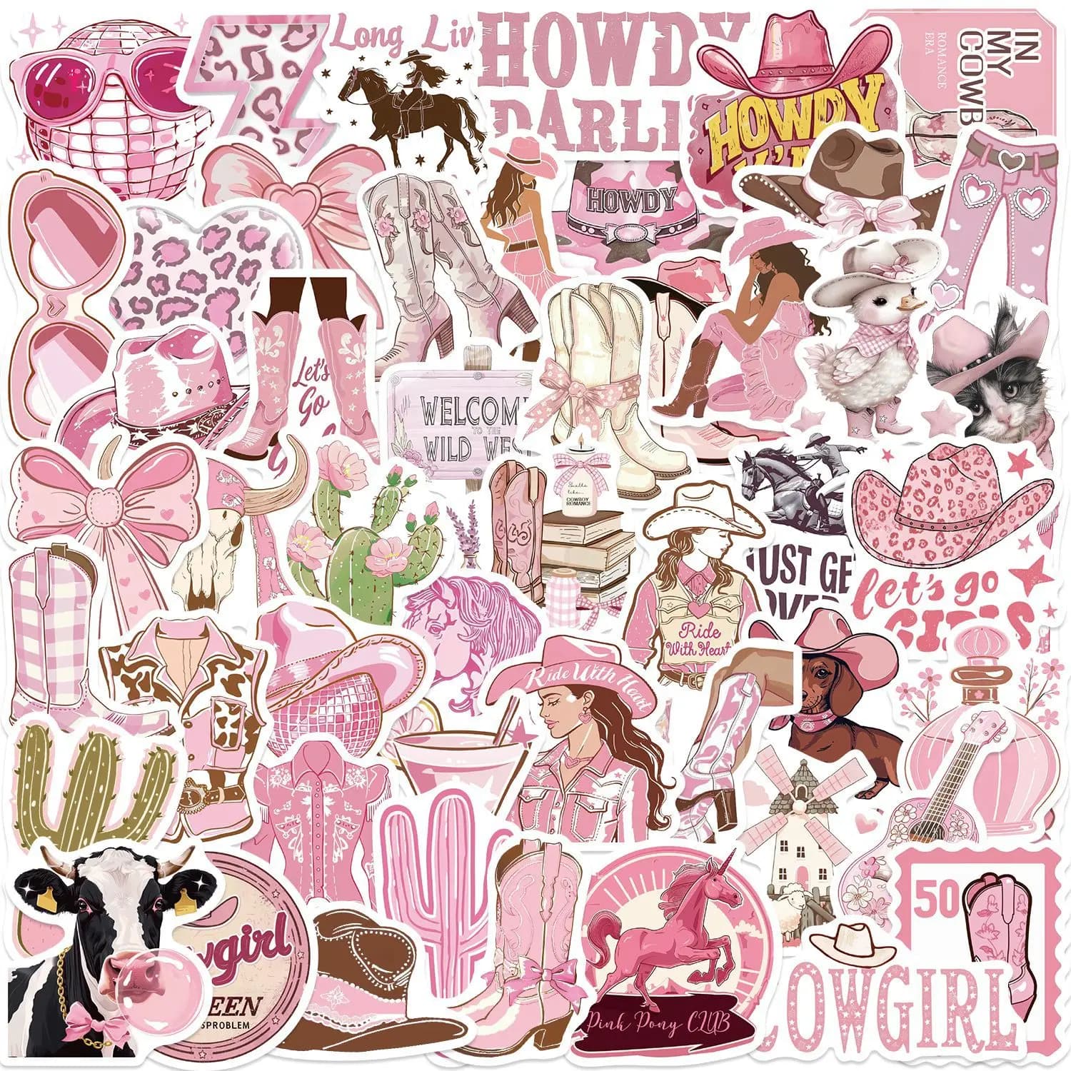 50 Adesivi Decorativi Rosa Serie Cowgirl per Fai da Te, Custodie per Cellulari, Valigie, Chitarre - Adesivi in PVC Impermeabili