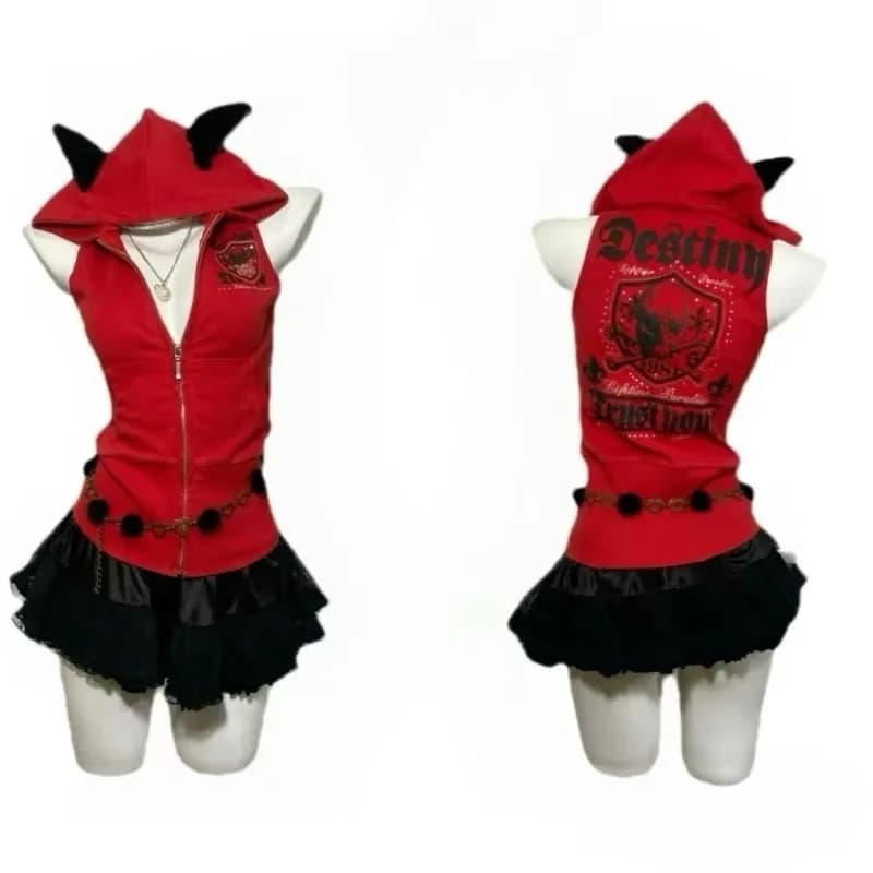 Felpa con cappuccio American Punk Hottie Subculture Retro Lettera stampata Gilet con cappuccio Popolare Harajuku Estetica Tees Top con cerniera sottile da donna