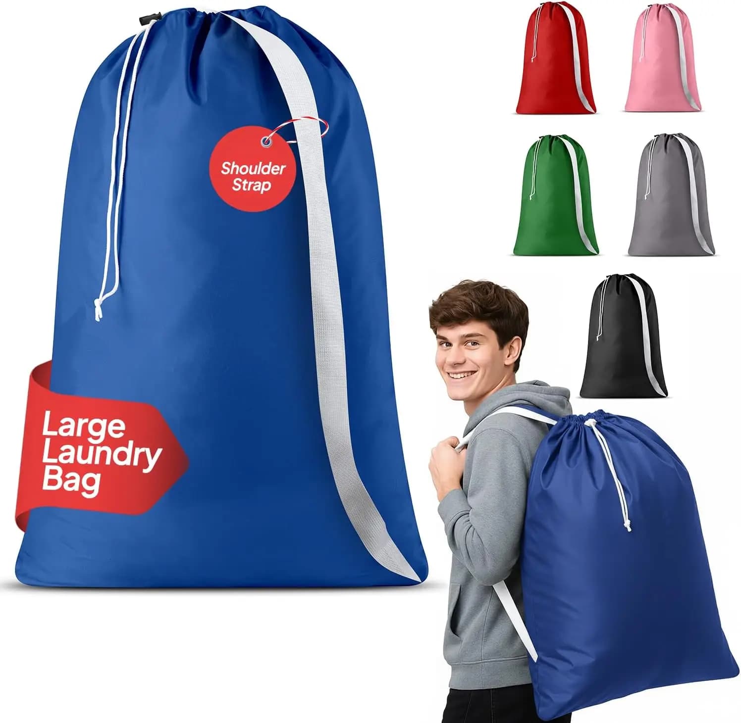 Extra large linen bag with shoulder strap, drawstring closure, durable material for university dorm - Blue, 30x40 inch