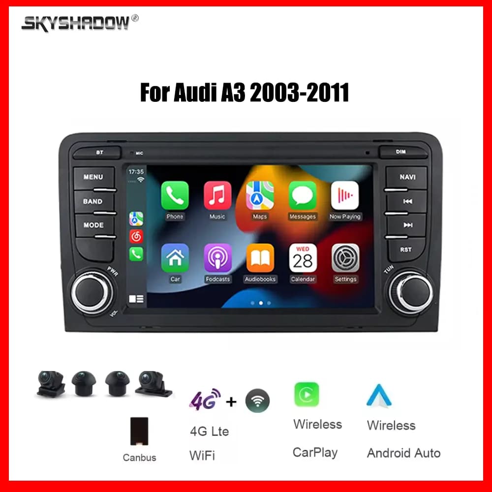 Autoradio multimediale 7" CarPlay Android 15 8 Core 12G+256G con 4G, Wi-Fi, Bluetooth, GPS e navigazione per Audi A3 2003-2011