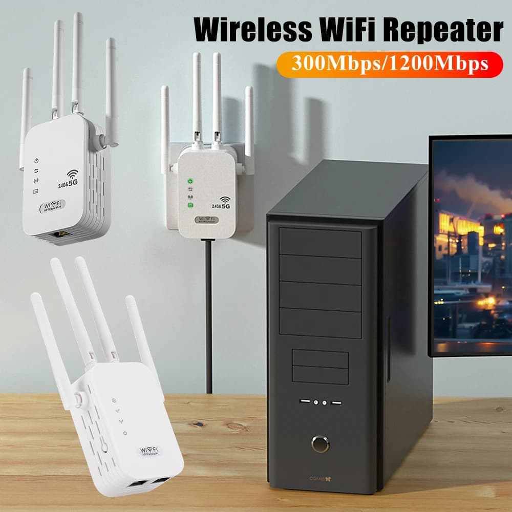 Ripetitore WiFi Wireless 300M/1200Mbps con Porta WAN/LAN Dual-Band 2.4GHz/5GHz Amplificatore di Segnale Wi-Fi per Casa e Ufficio