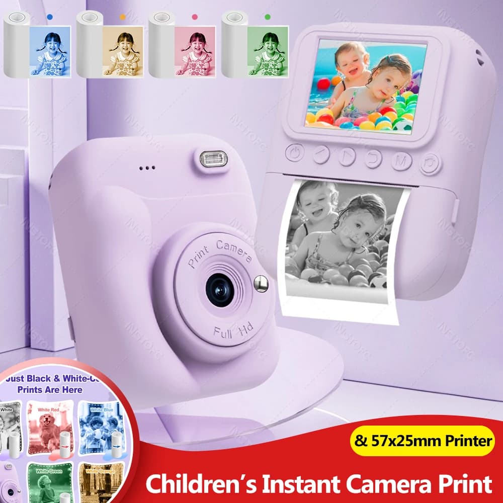 Fotocamera istantanea per bambini con stampa a colori, display IPS da 2,4'', video digitale 1080P, stampante termica per foto 57x25mm, come regalo per ragazze, ragazzi, bambini