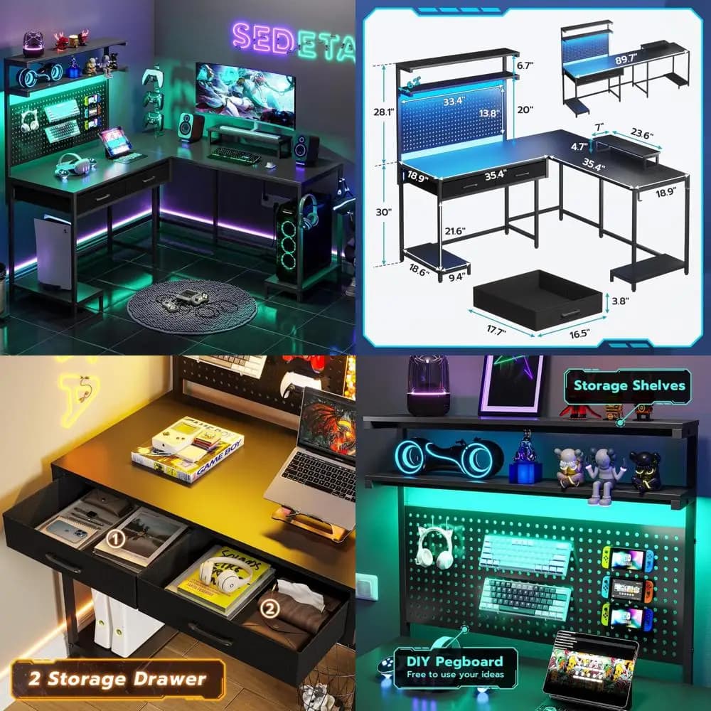 L-shaped gaming desk with perforated panel, drawers and monitor support, ergonomic computer desk with G-holder cage