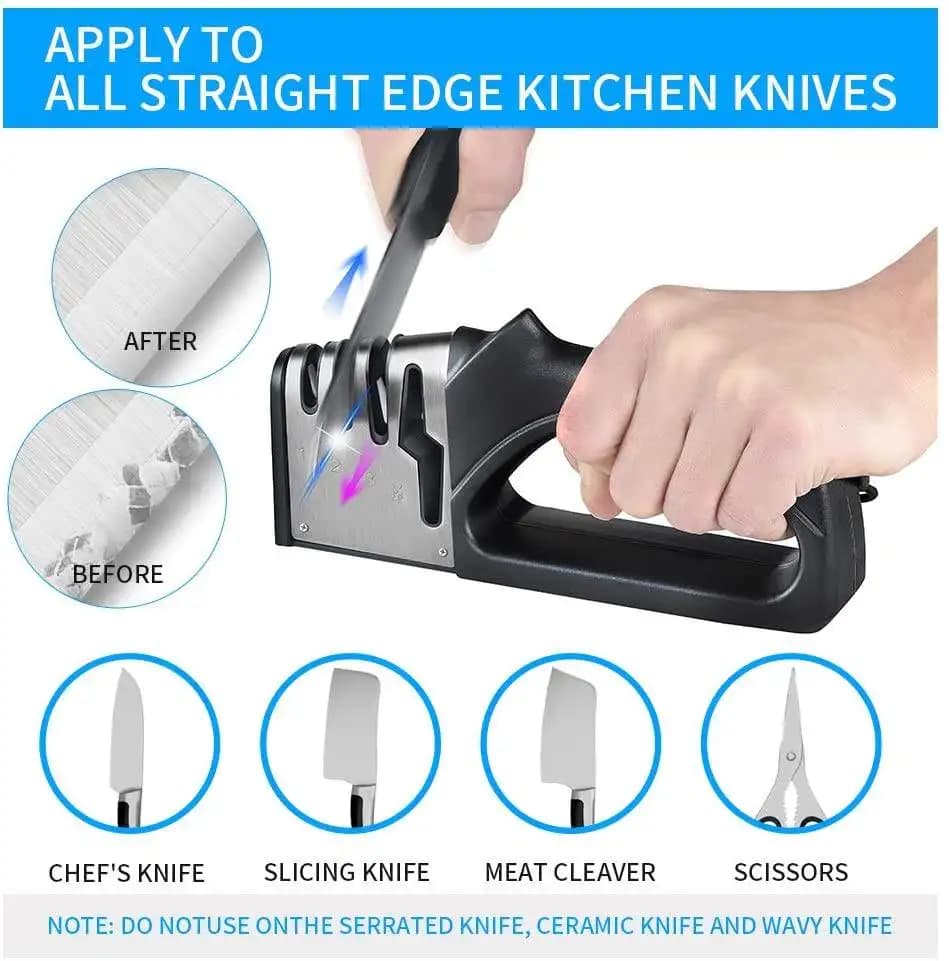 Affilacoltelli a 4 Fasi, Affilacoltelli da Cucina Multifunzione 4-in-1 con Acciaio al Tungsteno e Diamante, Affilatura Manuale dei Coltelli