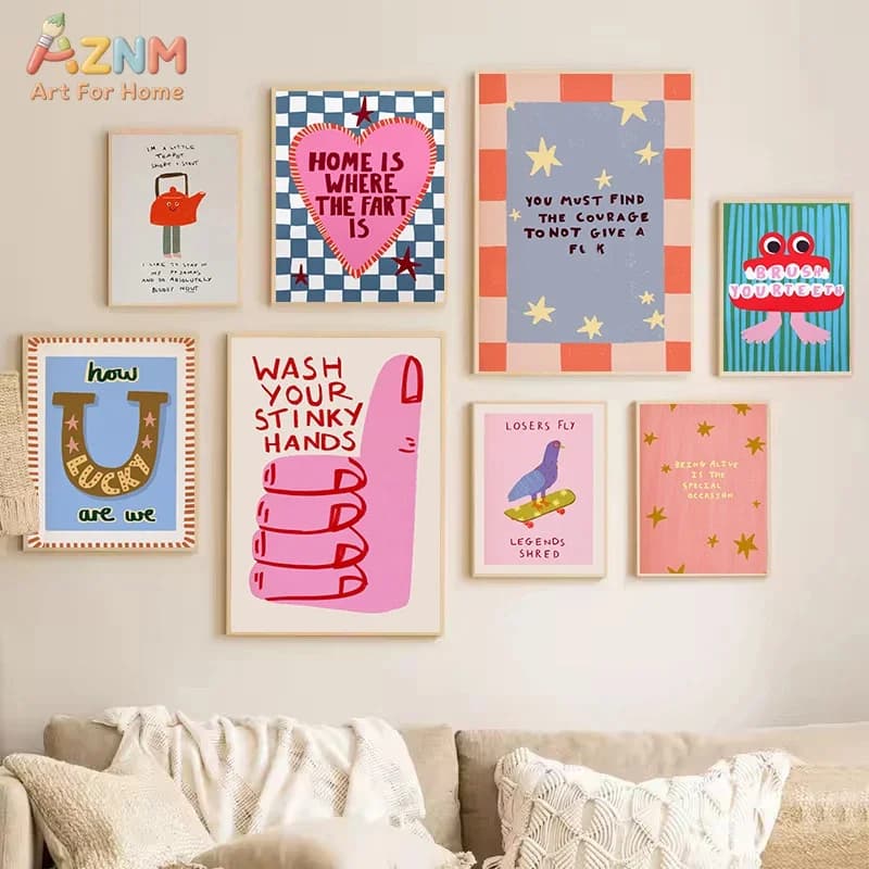 AZNM Funny Cartoon Graffiti Slogan Cute Illustration Frameless Canvas Wall Art for Living Room Bedroom Home Decor