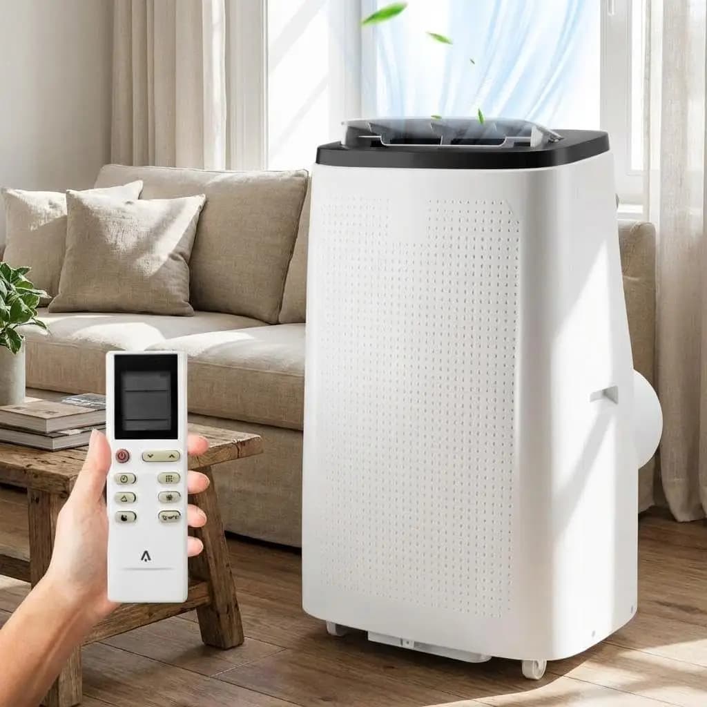 Condizionatore d'aria portatile da 14.000 BTU, unità AC 3 in 1 con deumidificatore, ventola, telecomando e timer 24 ore su 24 per ambienti fino a 750 piedi quadrati.
