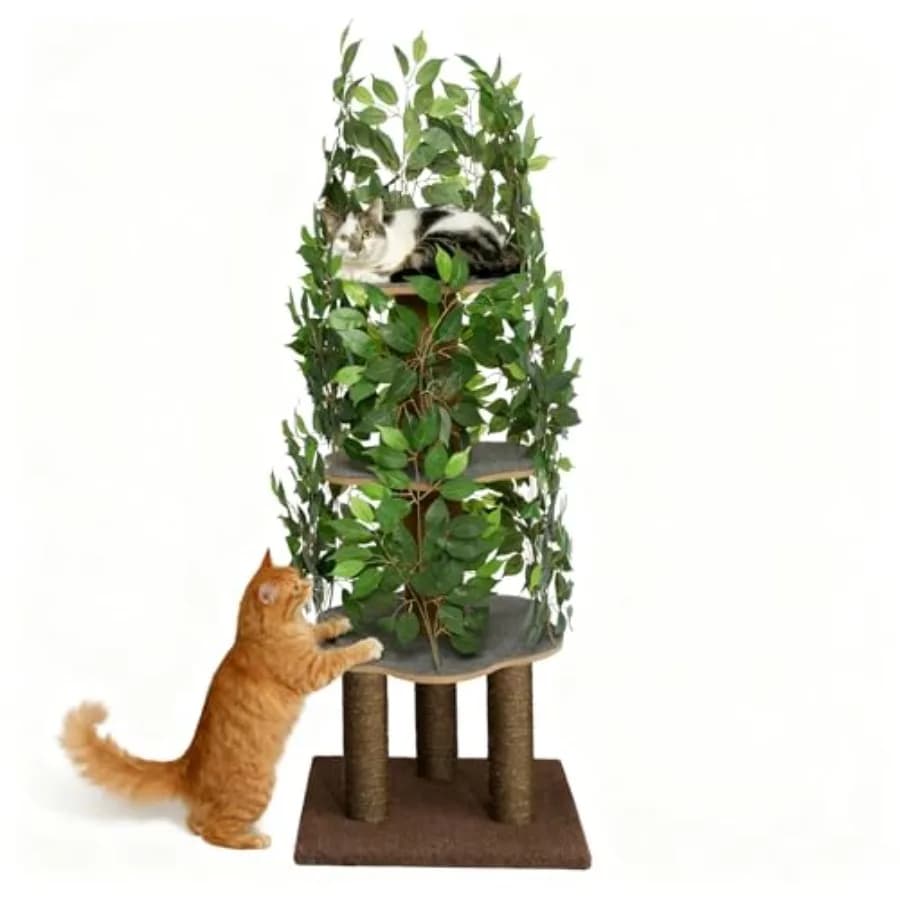Tiragraffi per Gatti con Foglie, Design Stabile e Salvaspazio, 4 Livelli di Graffiatura, 5 Pali per Arrampicarsi, Nascondersi e Dormire, Facile da Montare