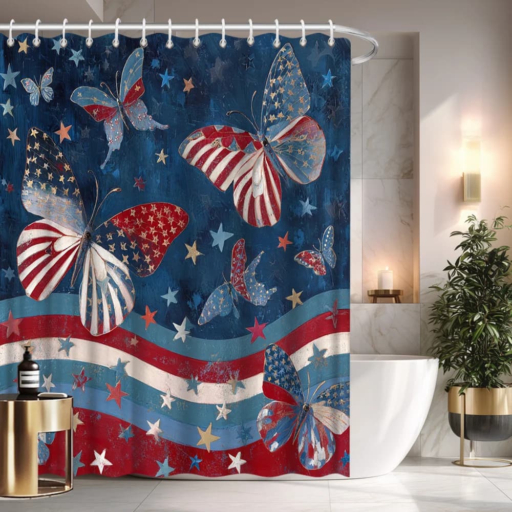 Tenda da doccia 2D piatta con bandiera patriottica, rosso bianco blu, stelle e strisce, lavabile in lavatrice, per il 4 luglio, decorazione per vasca da bagno per il Giorno dell'Indipendenza