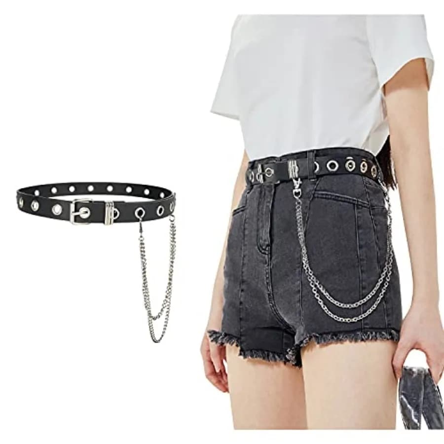 FIORETTO Grommet Leather Belt with Detachable Chain Women Men Punk Rock Waist Belts for Jeans Pants