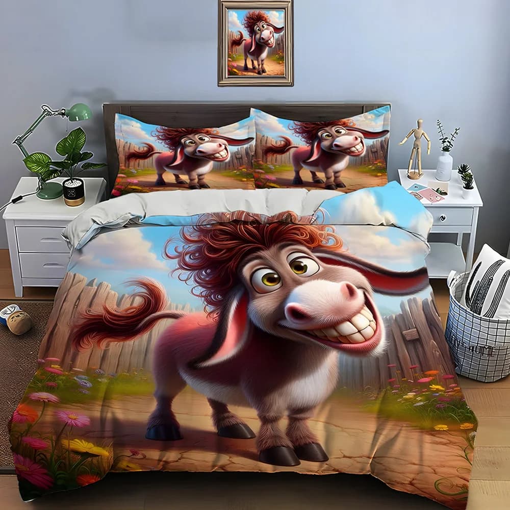 Cute Farm-themed Donkey Cartoon Print Soft Comfortable Duvet Cover Bedding Set Included 1 * Duvet Cover 2 * Pillowcases for Gift