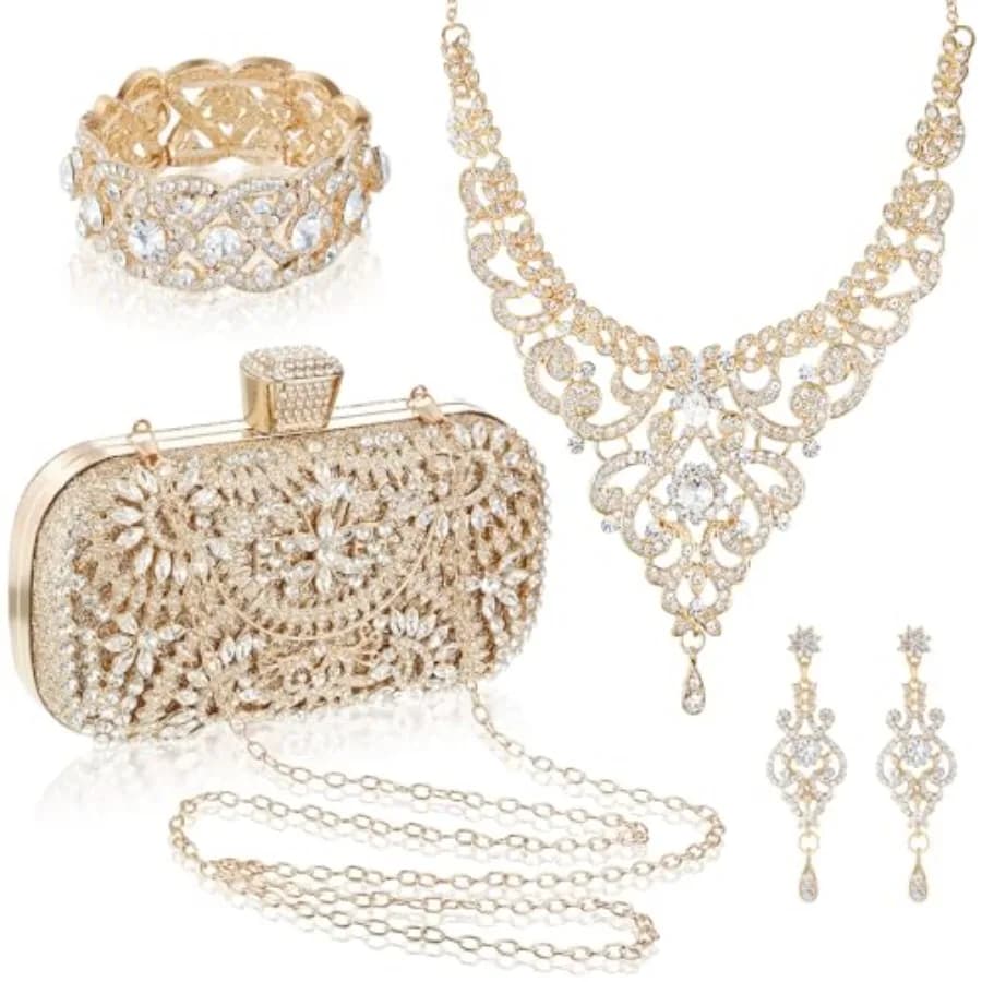 Set di Gioielli con Strass da 4 Pezzi: Borsa da Sera, Collana con Cristalli, Orecchini Pendenti e Bracciali