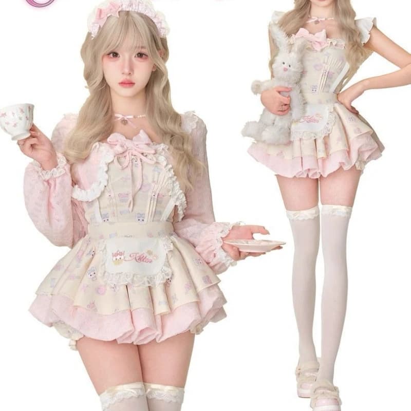 Set da 3 pezzi stile dolce Lolita giapponese da donna cardigan in pizzo Kawaii con fiocco top corto sottile abito con cinturino con stampa gatto cartone animato Y2k abito carino
