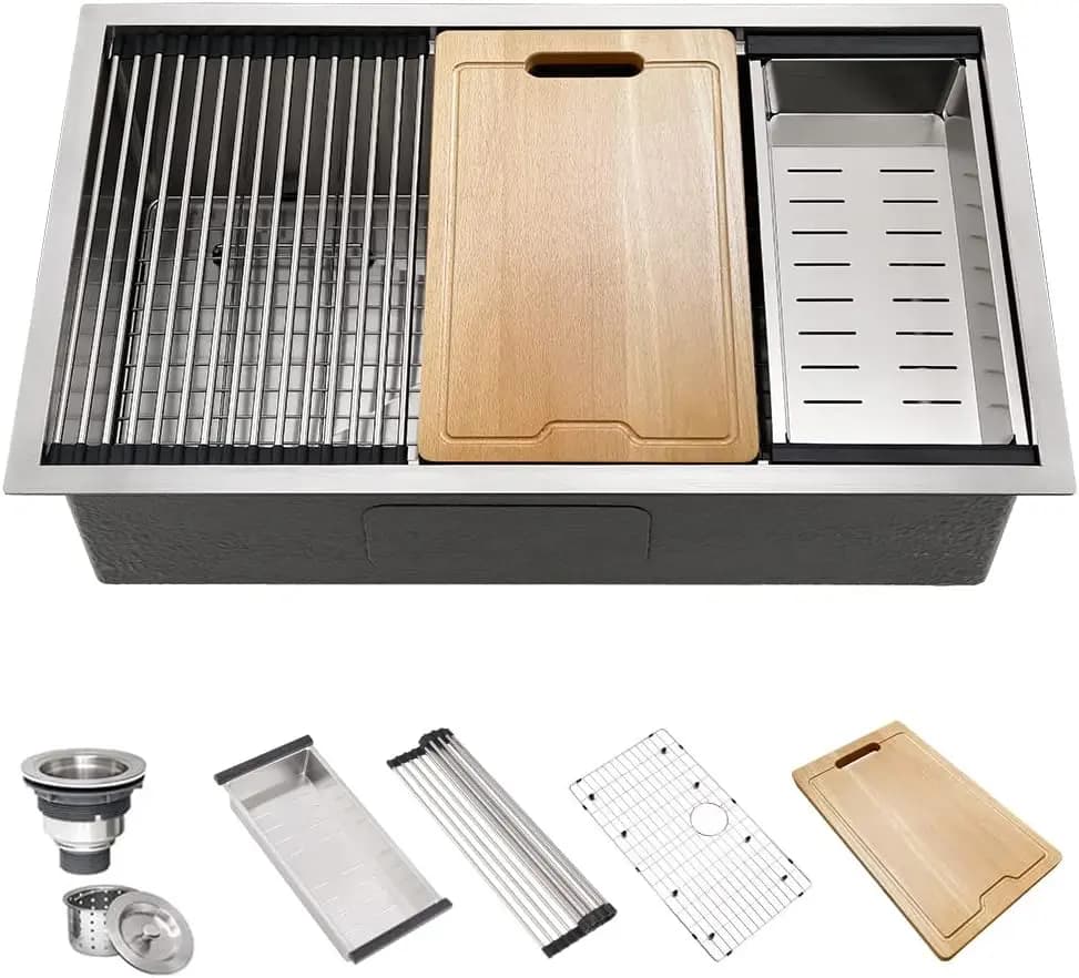 25x19 Undermount Kitchen Sink 16 Gauge Single Bowl Deep Workstation with Cutting Board
