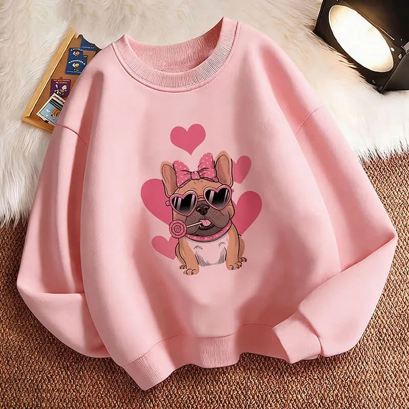 Divertente Felpa per Bambini con Stampa Grafica di Bulldog Francese, Pullover Primaverile con Collo Tondo per Ragazzi/Ragazze