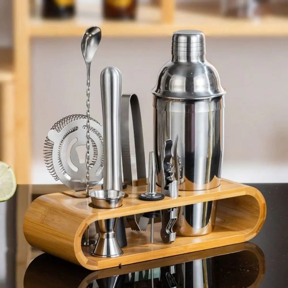 Premium Bar Mixology Kit 10-Piece Set (With Bamboo Stand), Stainless Steel Cocktail Shaker + Bartending Tool Set, Essential