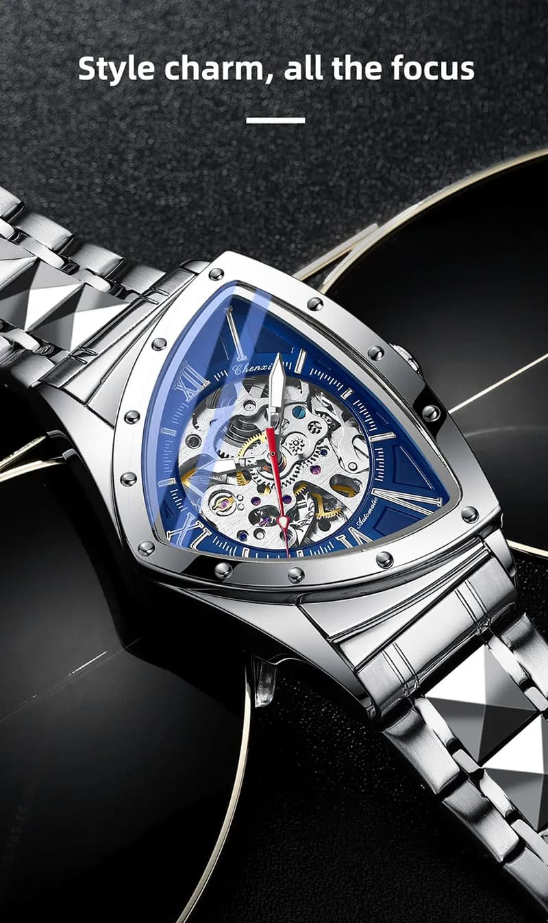 Orologio da polso meccanico con design creativo a triangolo per uomo, cinturino in acciaio inossidabile, orologio automatico, orologio impermeabile casual