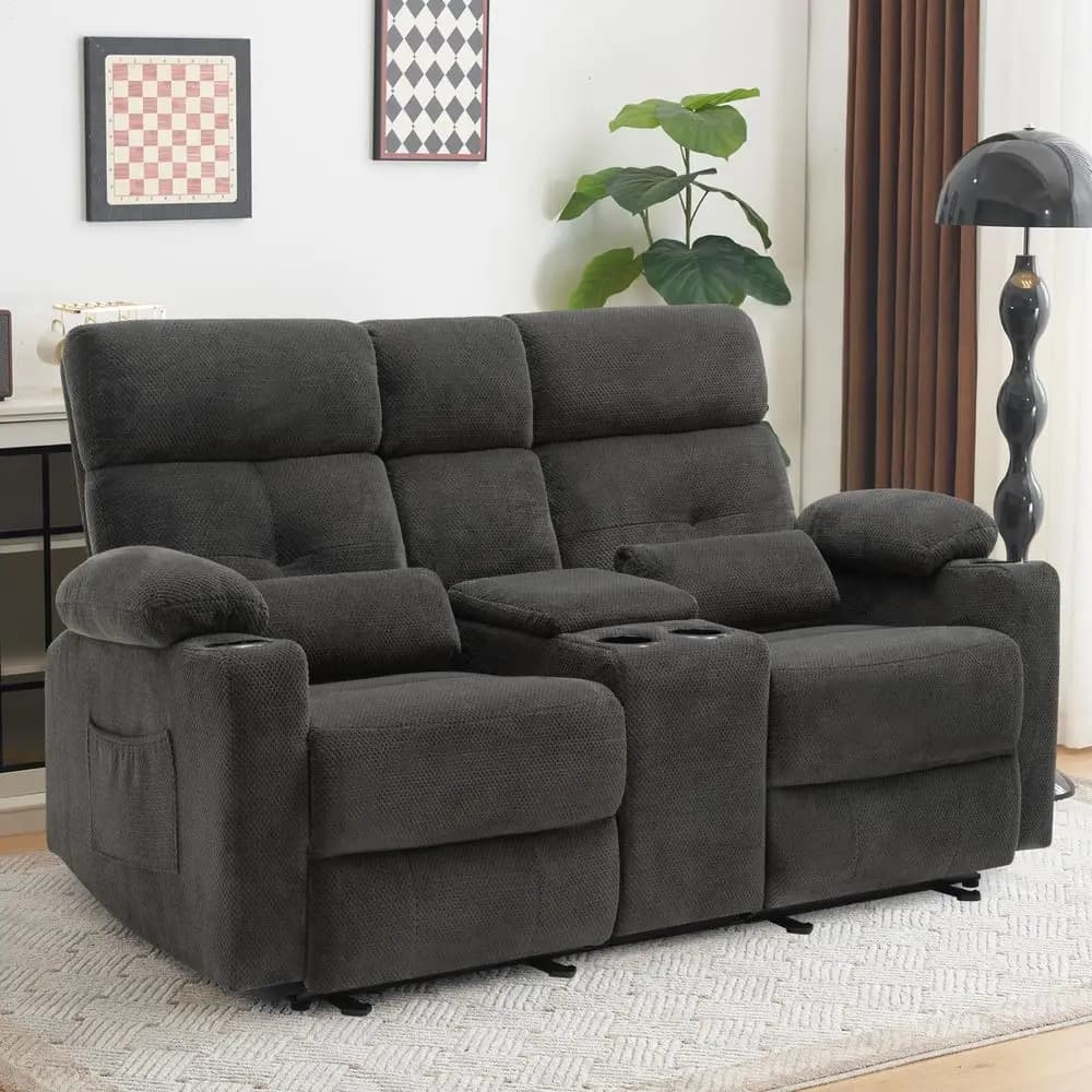 Divano Reclinabile a Due Posti con Console, Divano Reclinabile con Funzione di Riscaldamento e Massaggio, Seduta Home Theater con Cuscino Lombare per