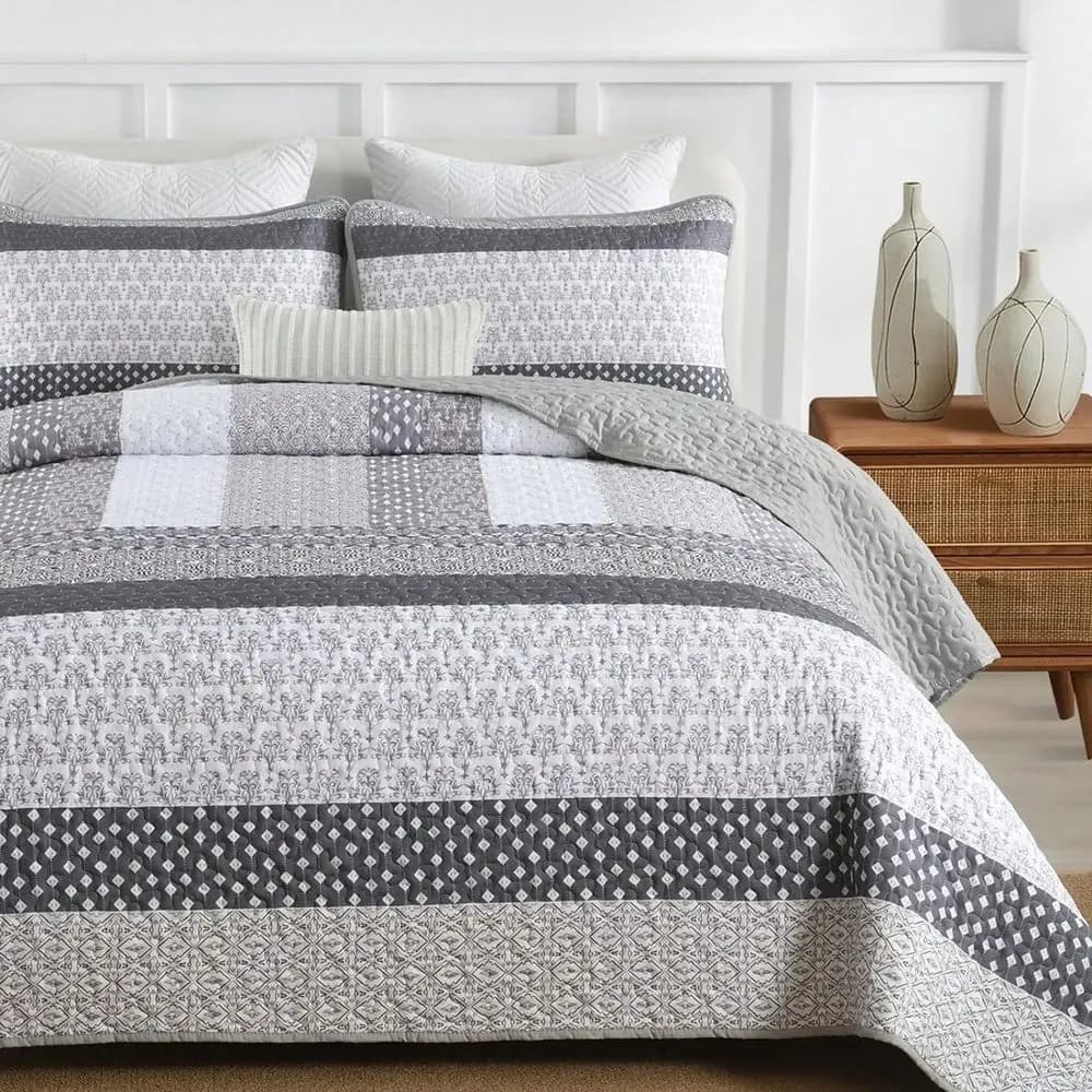 Set Copriletto Grigio Bohemien a Righe, Queen King California King, Coperta Boho, Set Copriletto Leggero in Microfibra Morbida con Motivi Floreali