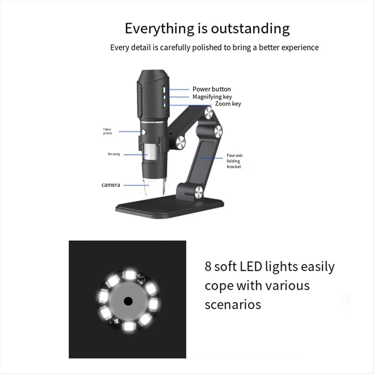 Microscopio wireless A06K, microscopio portatile digitale USB WiFi, ingrandimento wireless da 50 a 1600x 8 LED con supporto in metallo