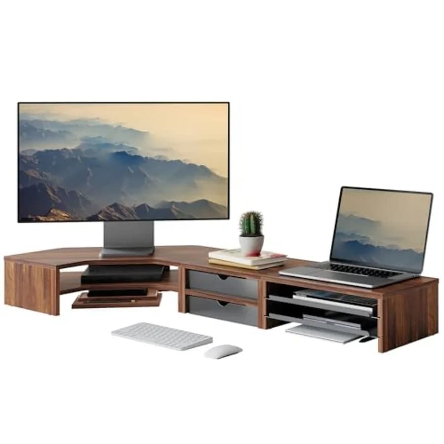 Supporto per Doppio Monitor con Mensola Angolare per Ufficio Domestico: Rialzo Triangolare a 2 Livelli in Alluminio Nero Salvaspazio con Cassetto Estraibile
