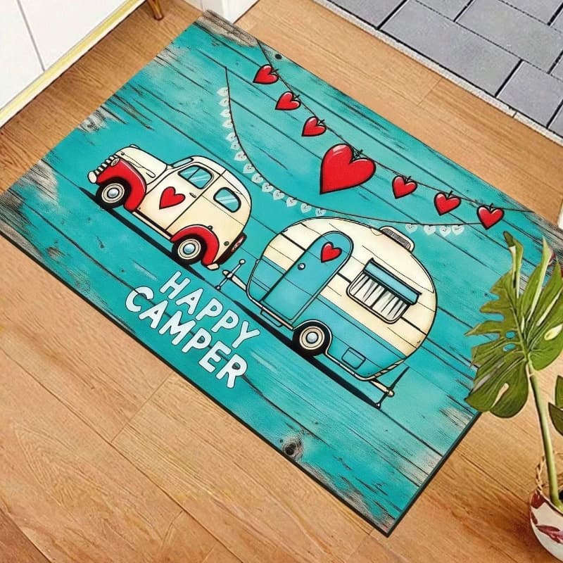 Happy Camper Entry Mat, Vintage Design with Finto Wood, Anti-slip and Washable, for Camping at the Open