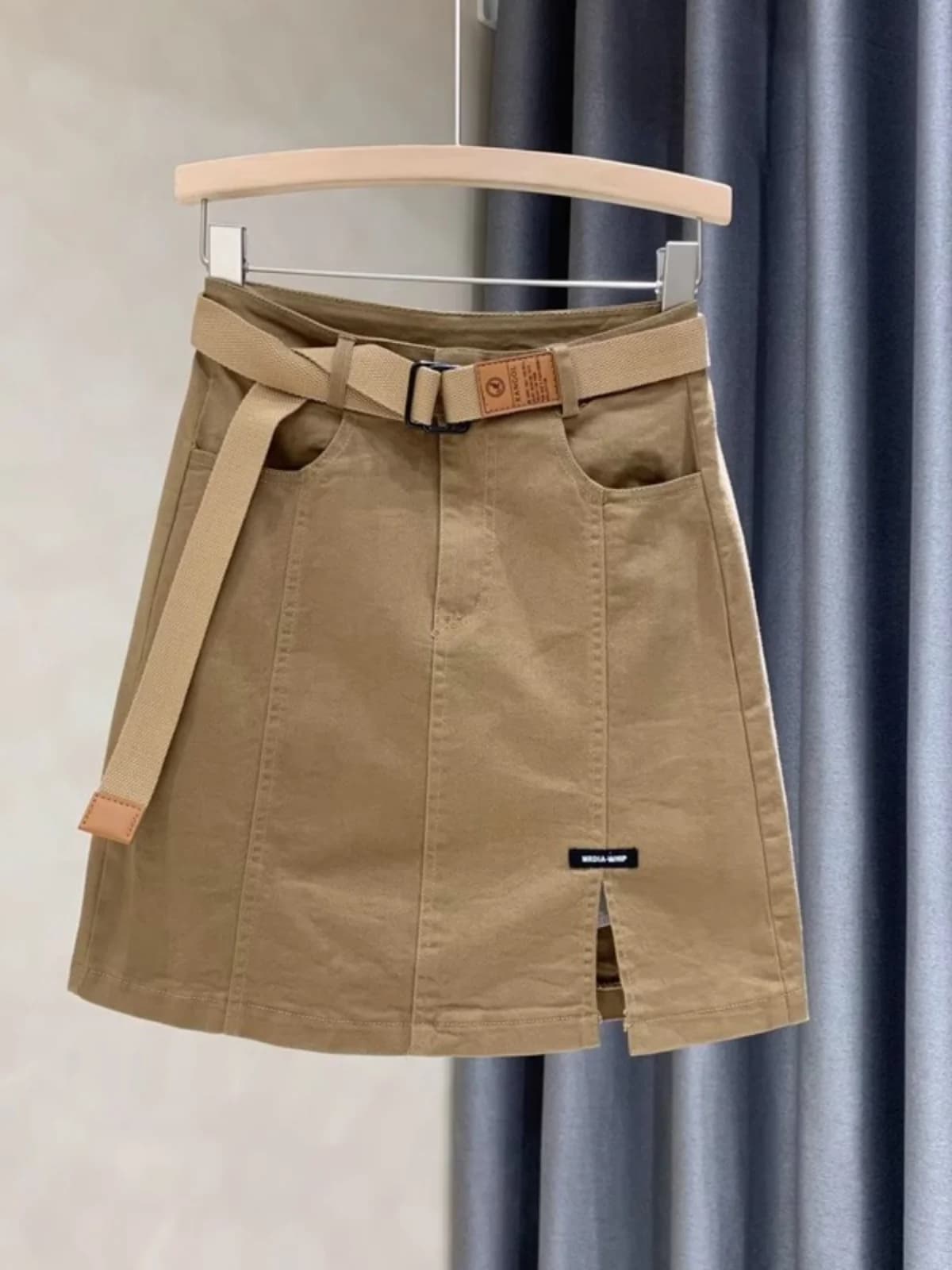 Khaki High Waist A-Line Skirt Summer New Style Slimming Flared Anti-Light Short Skirt Commute Pure Color Other Material