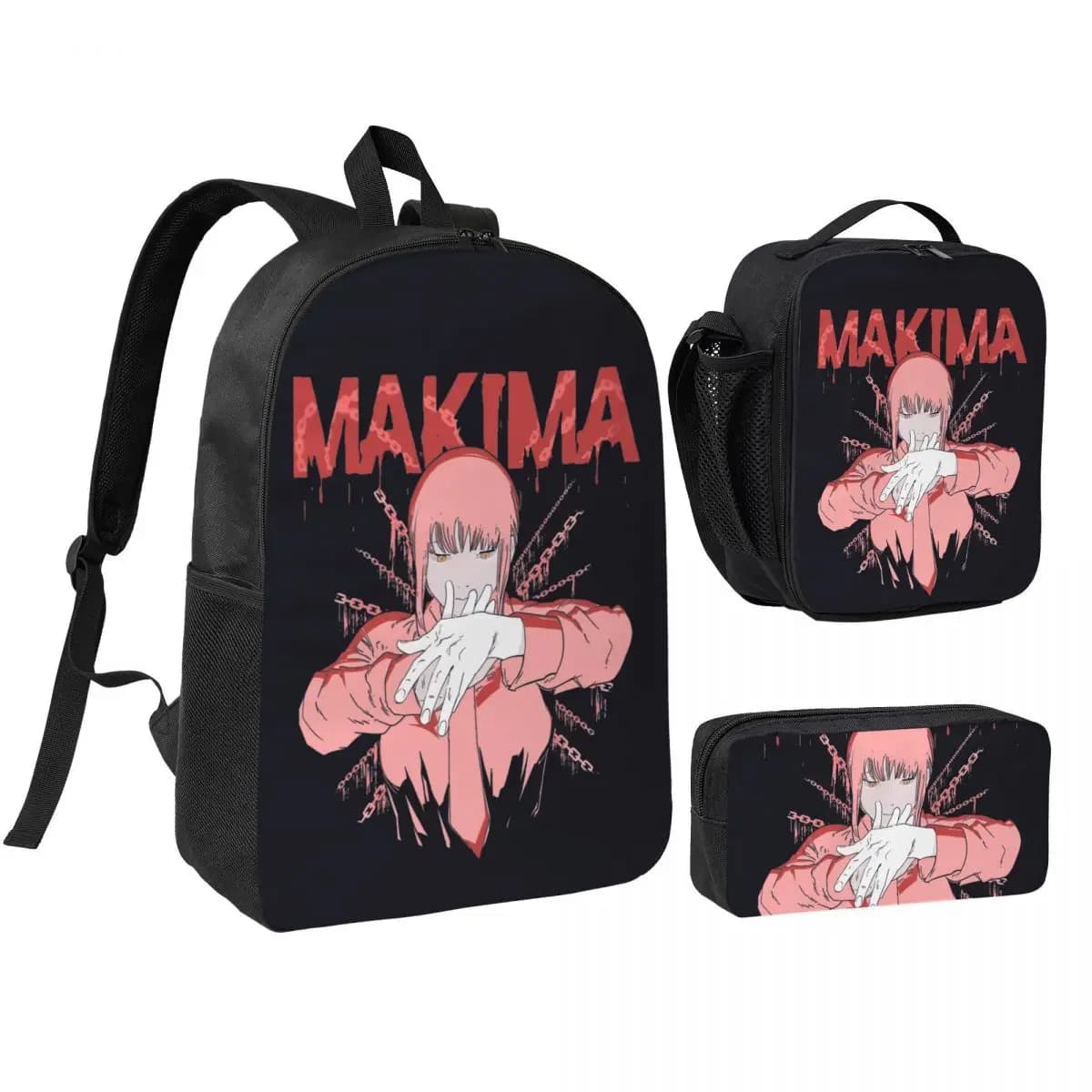 3pecs/set Makima Control Devil Pochita Anime Zaino per Studente Motosega Uomo Borsa a tracolla per scuola superiore Borsa per il pranzo Astuccio