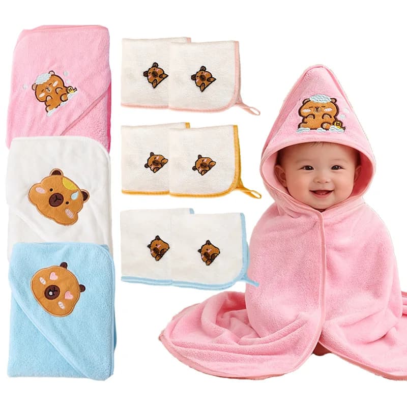 A cute children's wearable blanket, two cartoon embroidered face towels, soft and comfortable with strong water absorption