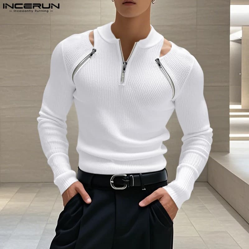 Top belli e ben aderenti INCERUN T-shirt con design a cerniera cava lavorata a maglia dei nuovi uomini Casual Streetwear Solid Camiseta a maniche lunghe