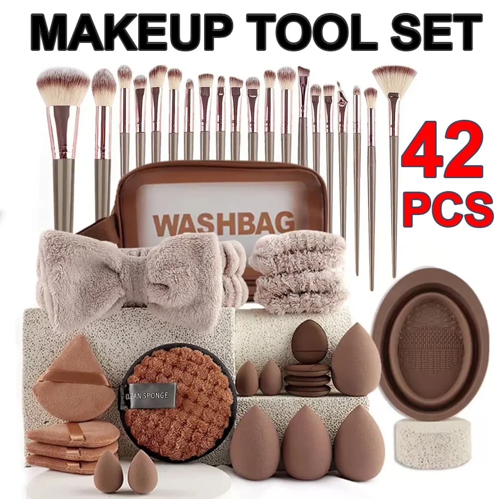 Kit di 42 Pezzi per Trucco Professionale, Set Completo con Pennelli, Spugnette e Accessori per Principianti