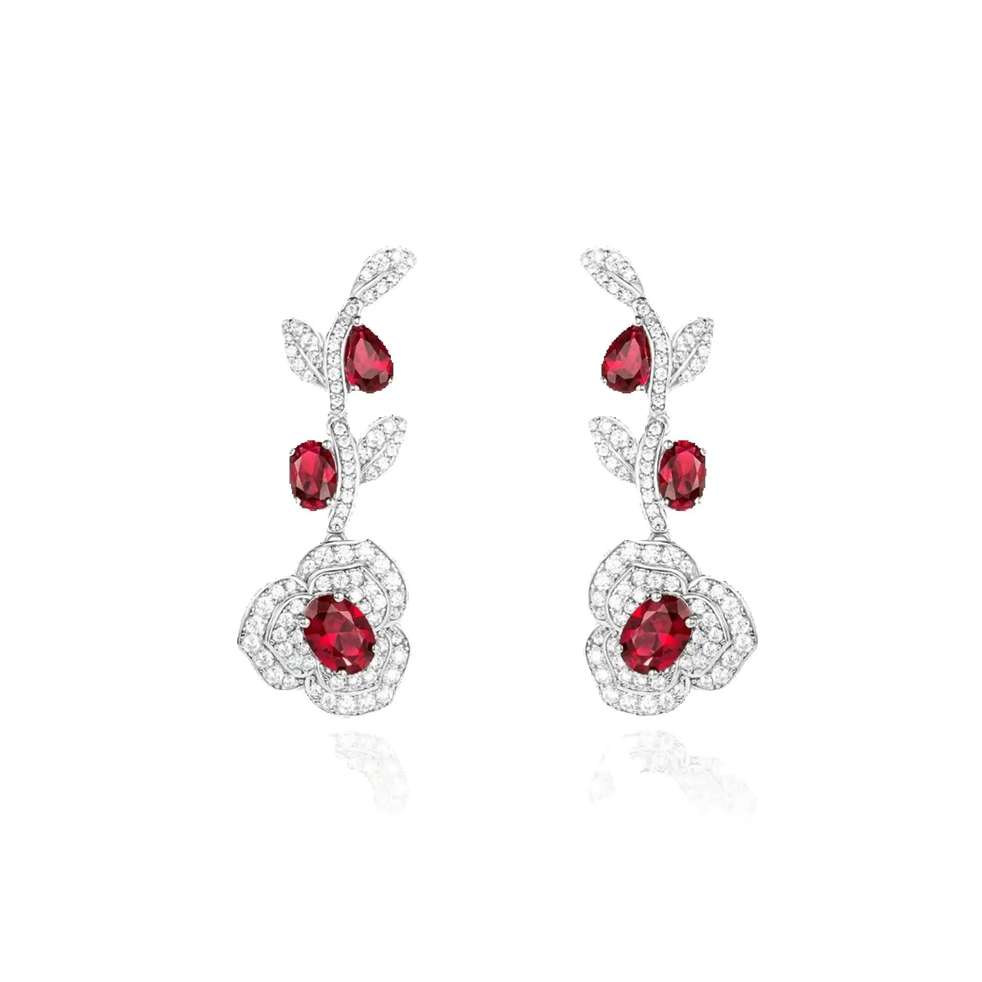 Sterling 925 Silver Earrings Rhodium Plated with Rose Design Spinosa, Ruby Cultivated in Laboratory, July Lucky Stone, Fine Jewelry for Women's Party Gift