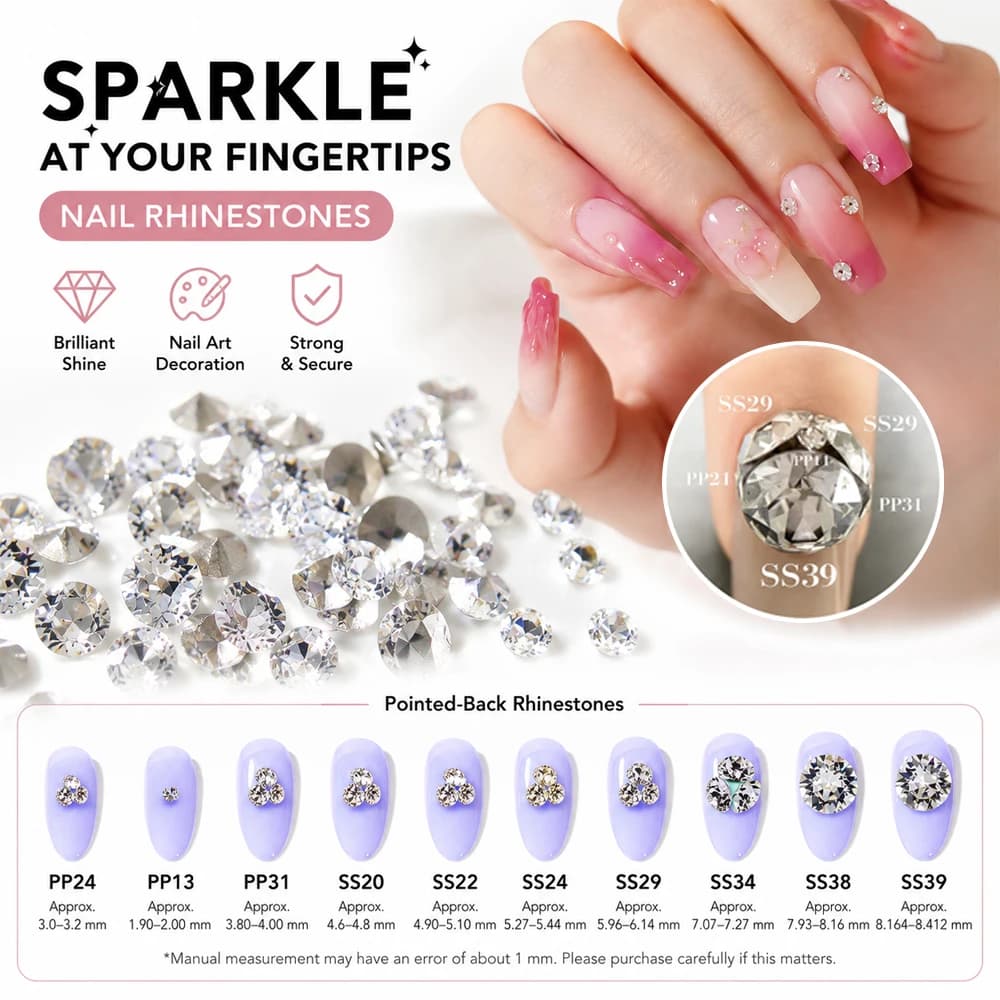 100PCS Clear Pointed-Back Nail Rhinestones, Round Crystal Nail Gems for Gel, Acrylic & Press-On Nails, DIY Manicure Decor