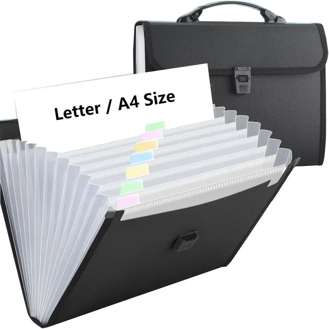 Organizzatore di documenti espandibile a 12 tasche con maniglia, cartella portadocumenti portatile formato A4/Letter per viaggi, scuola, ufficio - Nero