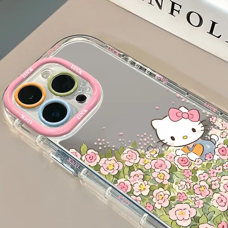Custodia per telefono con specchio Hello Kitty e grazioso fiore rosa per iPhone 17 Pro Max, 7, 8, 15, 14, 16 Plus, 13, 12, 11 Pro, X, XR, 16E, 17 Air Cover