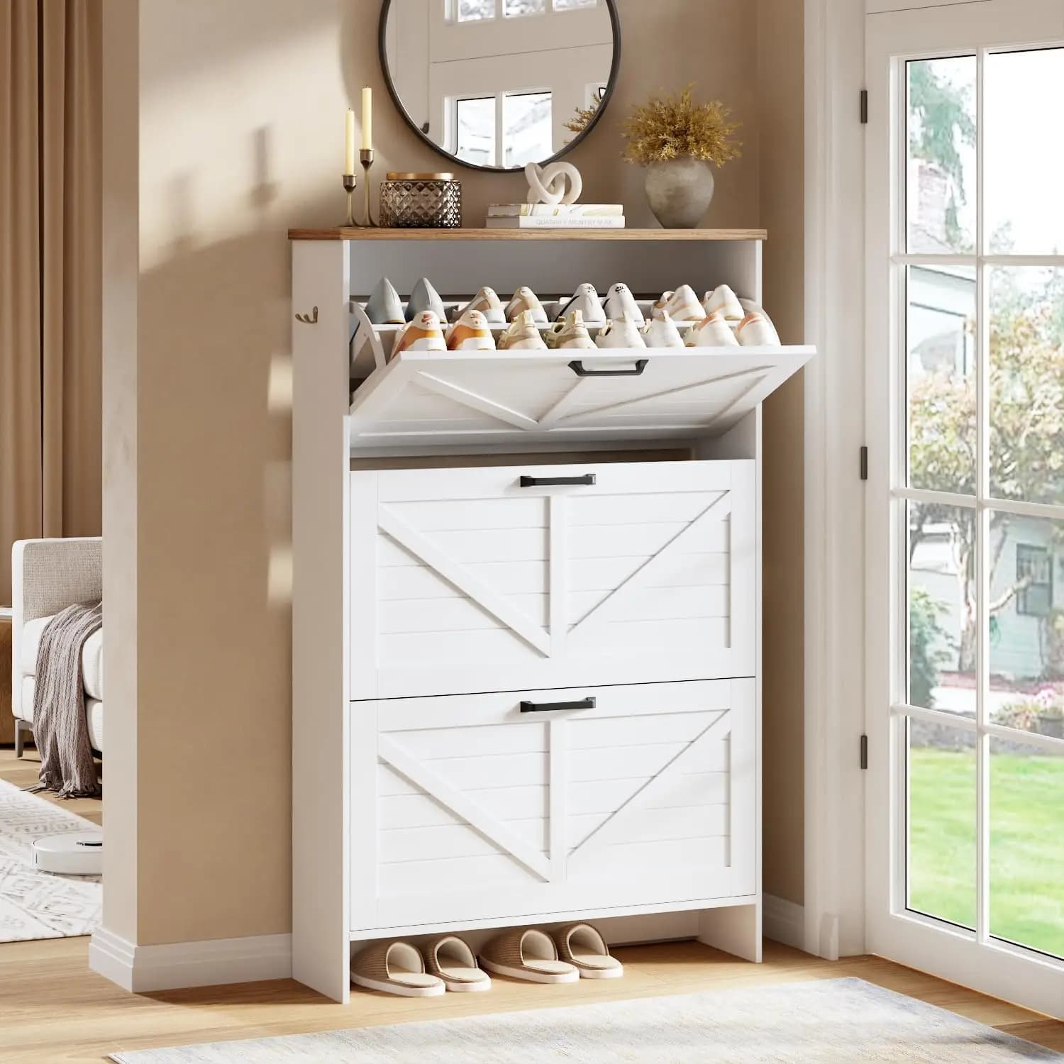 Scarpiera con anta scorrevole Shaker, 3 cassetti ribaltabili e 3 ripiani regolabili, ultra sottile, autoportante, stile rustico moderno