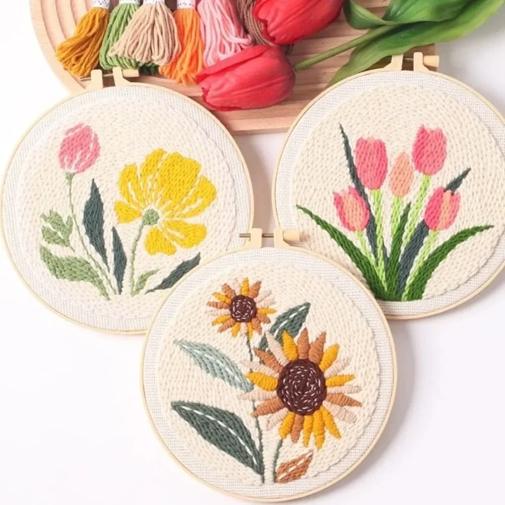 with Hoop Tulip Sunflower Punch Needle Kit Stamped Cloth Yarn Thread DIY Embroidery Kit DIY Gift Punch Needle Embroidery Kits