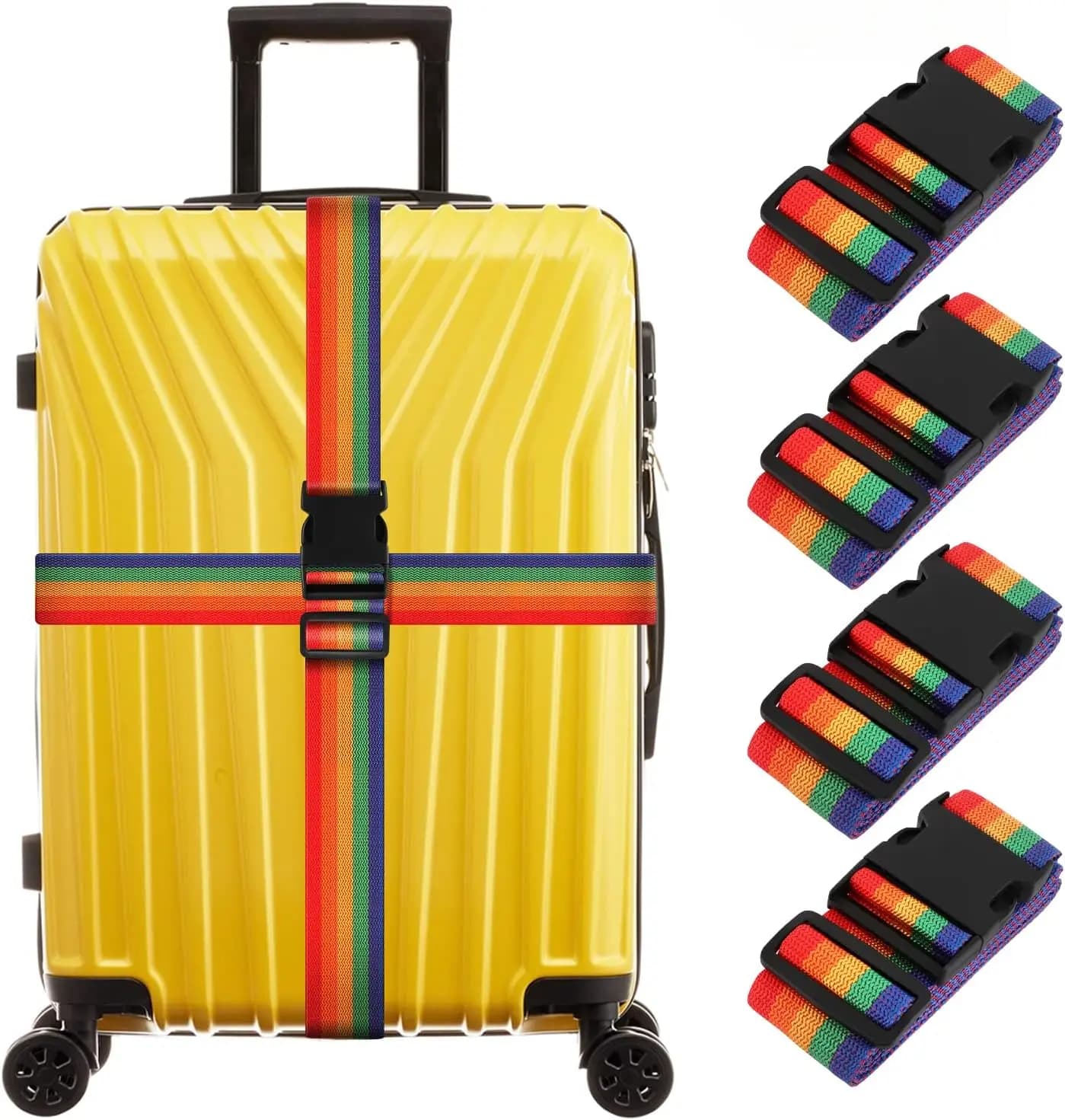 Set di 4 Cinghie Regolabili per Bagagli con Fibbia a Sgancio Rapido e Porta Nome, Colori Arcobaleno per Viaggi Sicuri