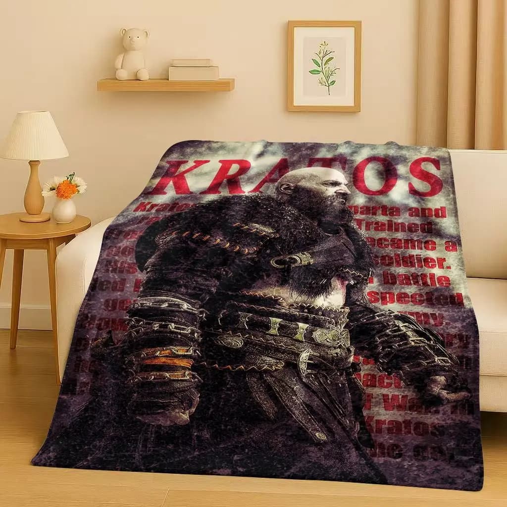 Kratos God of War Gioco Coperta di flanella per giocatori di cartoni animati, peluche ultra morbido e caldo per la copertura del divano letto della camera da letto di casa Picnic per bambini