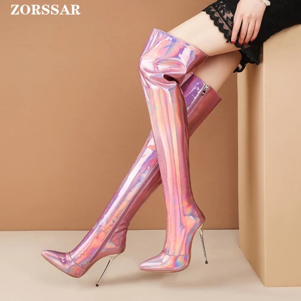 Stivali da donna Piattaforma a specchio Punta a punta Tacchi alti sottili sexy Stivali lunghi sopra il ginocchio Autunno Inverno Zip Scarpe da festa casual dorate