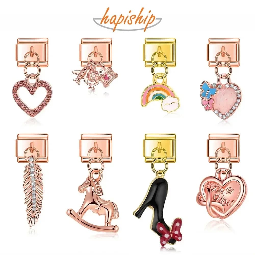 Hapiship Nuovo 2024 Moda Cuore Arcobaleno nuvola Fascino Collegamento Italiano Misura FAI DA TE 9mm Bracciale In Acciaio Inox Gioielli FAI DA TE DJ574