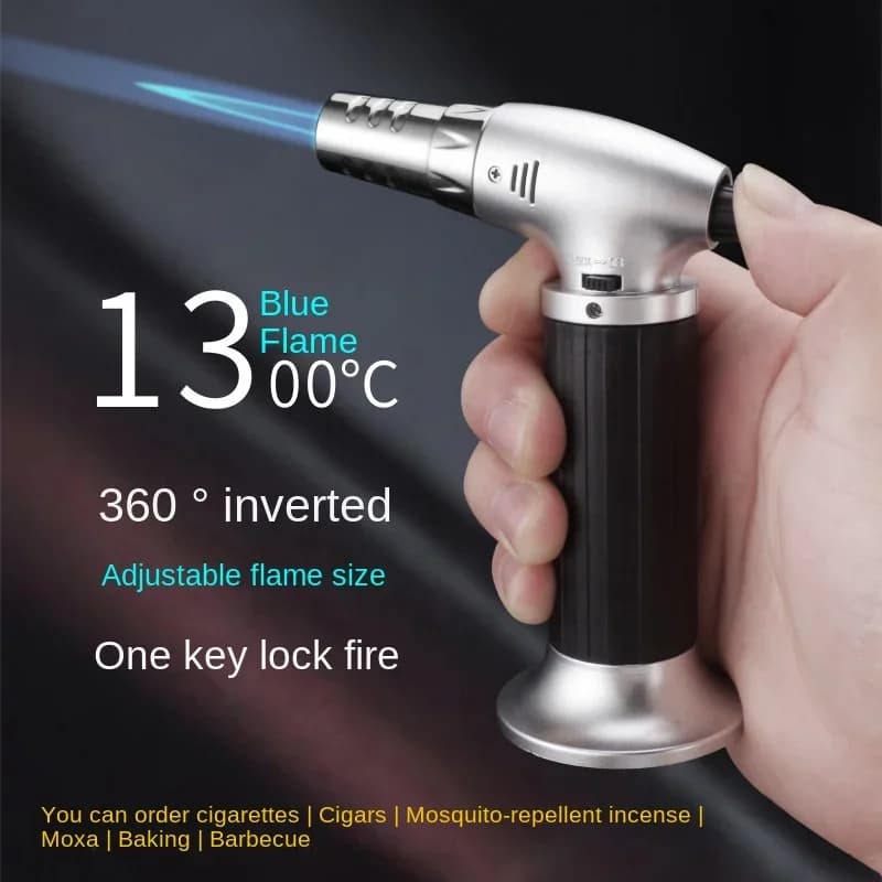 Butane Flashlight with Blue Flame Butane Fuel Light with Rechargeable Windproof Flame for BBQ Cigar Candles Camping Gas Light