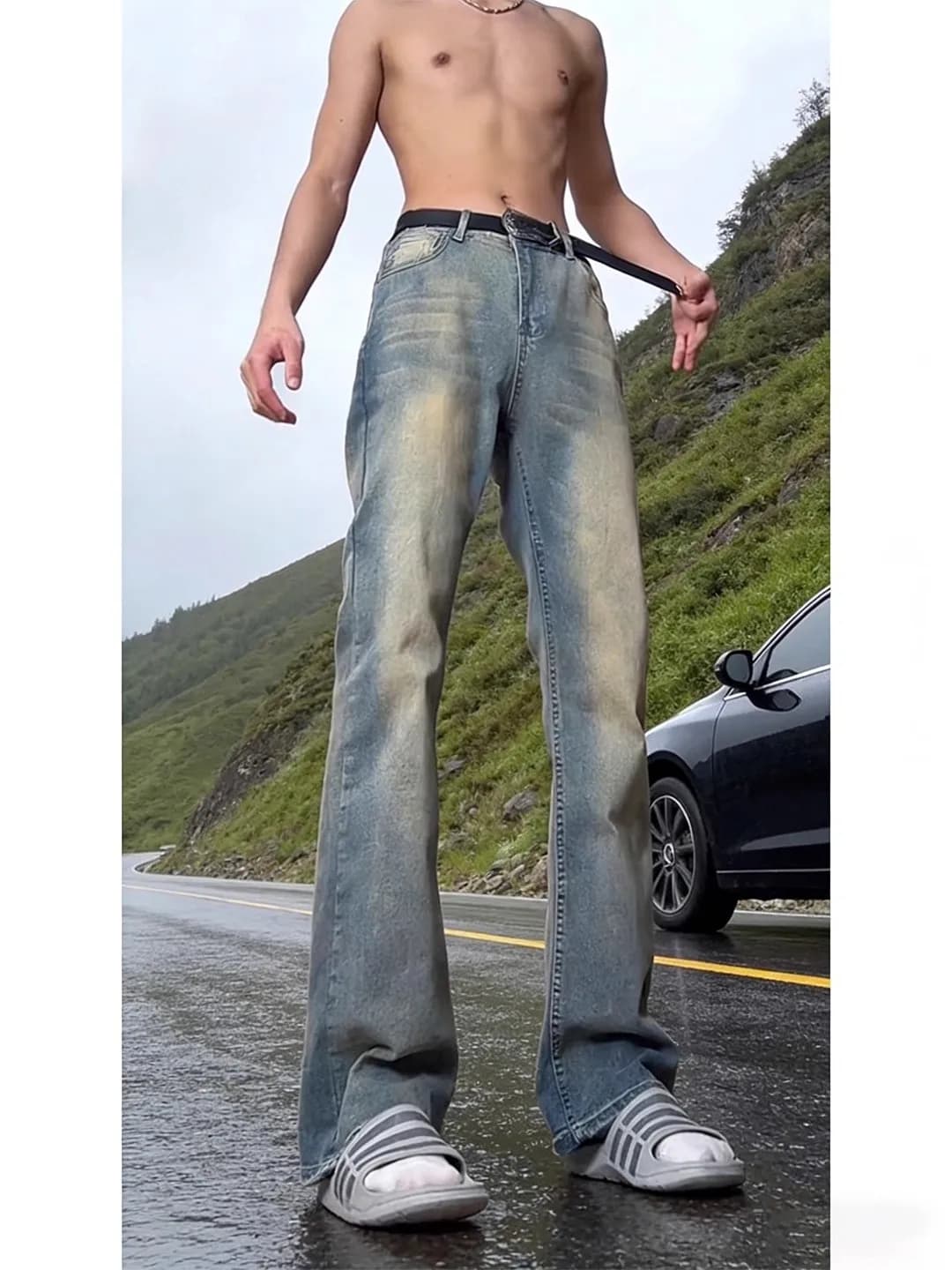 Retro Fce Lined High Waist Men's Jeans Straight Leg Slimming Long Trousers for Autumn Winter Street Sle Cleanfit