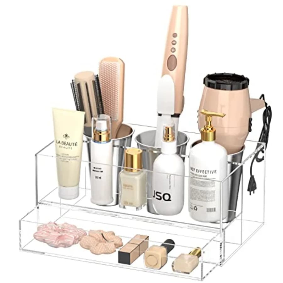 Organizzatore per Strumenti per Capelli, Porta Asciugacapelli e Accessori in Acrilico, Supporto da Appoggio per Asciugacapelli da Bagno, Contenitore Portaoggetti per Vanity