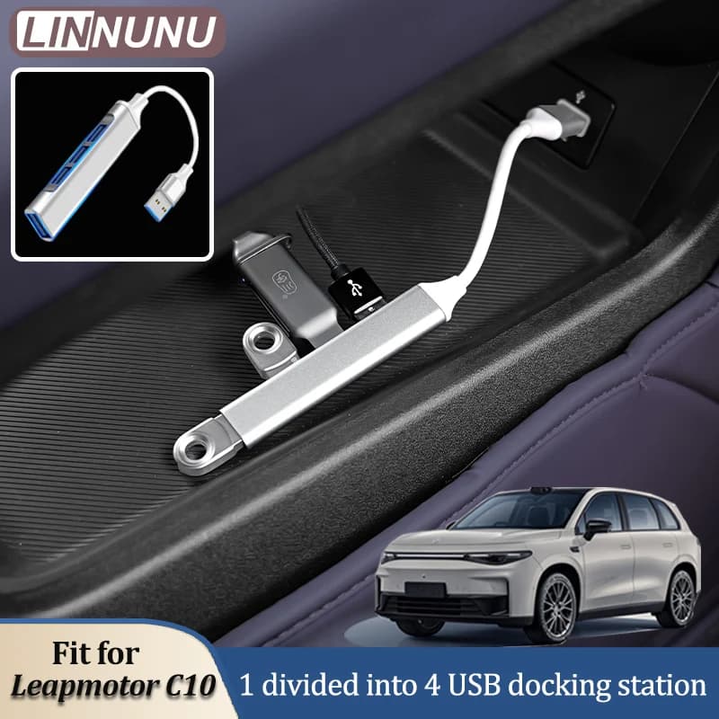 LINNUNU Adatto per la docking station hub USB per auto Leapmotor C10 C16, 1 diviso in 4 stazioni di aggancio USB, cavo retrattile 3 in 1 dati