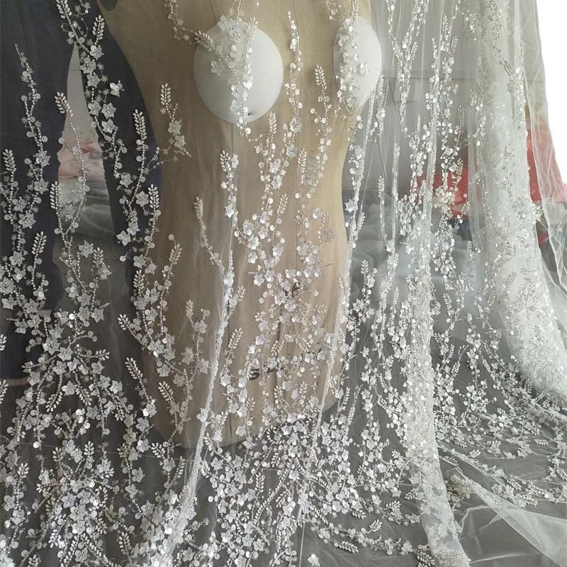 1M 150Cm Wide Off-White Beaded Sequin Branch Lace Fabric DIY Lightweight Tulle Material for Wedding Party Dress Making F101