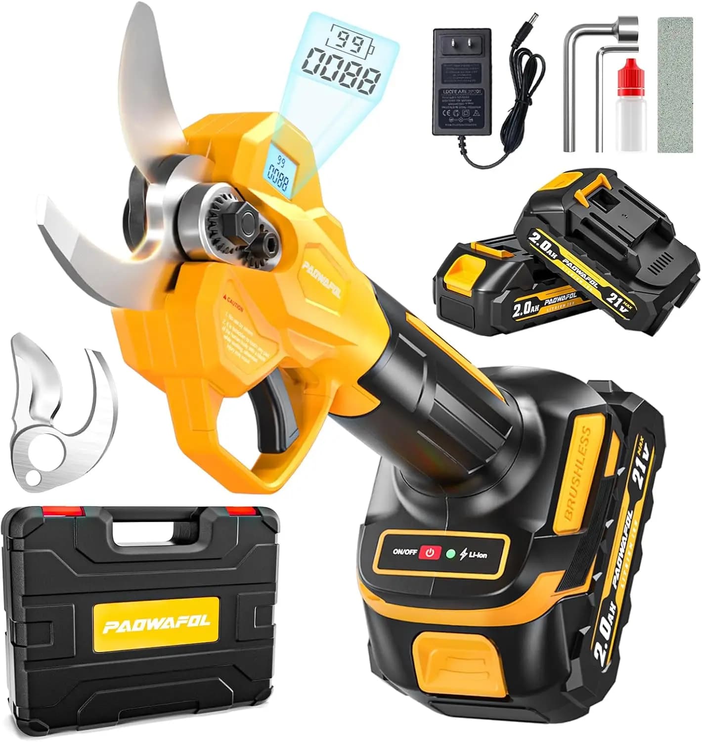 56mm Wireless Power Scissors with LCD Display, Brushless Motor 21V, 2 Rechargeable Batteries and Blades - Yellow