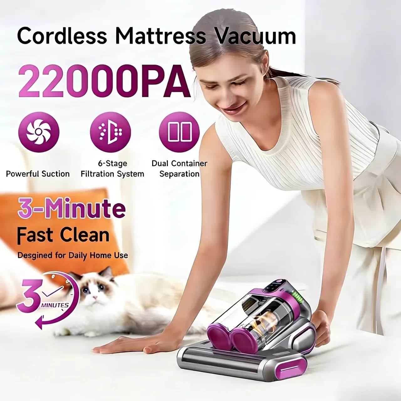 Aspirapolvere per materassi senza fili, aspirazione da 22 Kpa, lampada UV da 253,7 nm e tecnologia acustica a 80.000 giri/min, ricarica rapida in 3 minuti, aspirapolvere portatile a doppia tazza, adatto per letti, divani in tessuto, tappeti, aspirapolvere senza fili, pulizia profonda