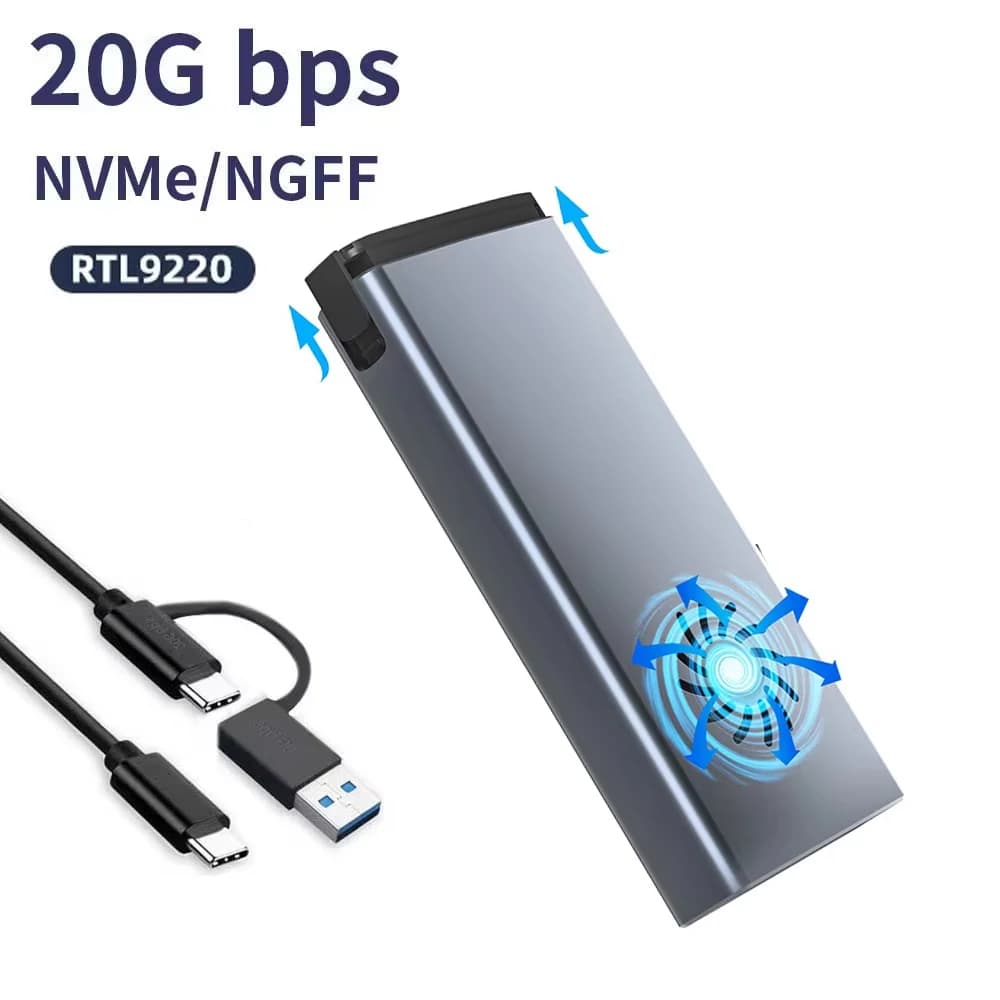 Custodia per disco rigido esterno SSD M2 NVME da 10 Gbps/20 Gbps Protocollo singolo/doppio M.2 SSD con ventola di raffreddamento Supporto chiave M/chiave B+M
