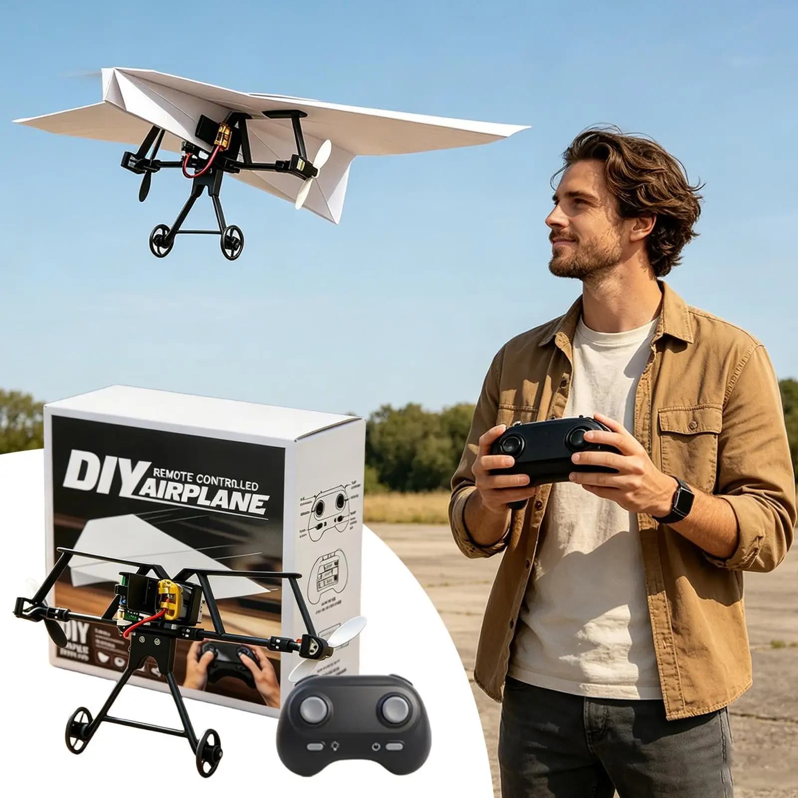 RC Paper Airplane Kit Remote Control Aircraft Fighter Toys Electric Remote Control Plane Toy for Backyard Park Beach Camping